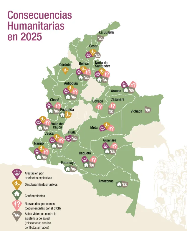 Impactos humanitarios en Colombia reflejados en un mapa.