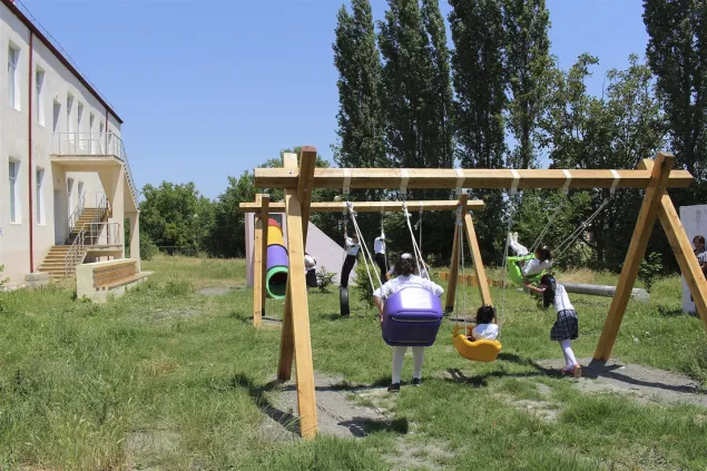 Aghdam district, Hajimammadli village. The ICRC built a safer play area at the school where children can enjoy their spare time.