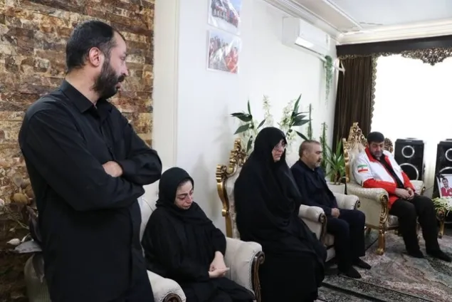 A group of people, including women in black clothing and a Red Crescent representative, sit together in a living room during a condolence visit.