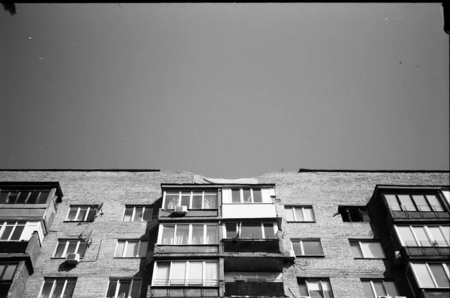 A residential block damaged by strikes in Kyiv. 