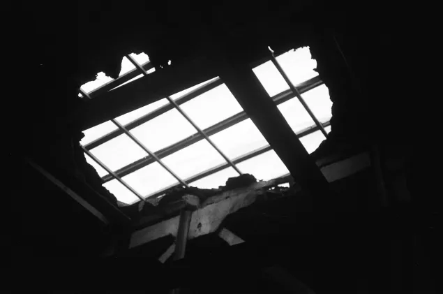 A hole in the roof of a boiler house in Ukraine after being struck by a drone. 