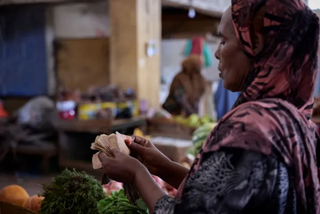 Fadumo, 60, counts her money after a fruitful day at the market.