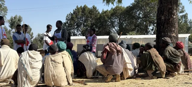 ICRC staff and ERCS volunteers engage with conflict-affected farmers in North Wollo, Amhara region.