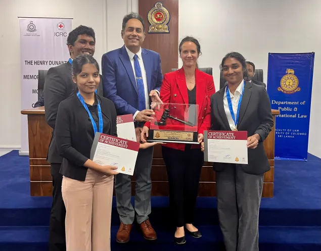 The winning team from the University of Colombo at the 2025 Henry Dunant Moot Court Competition, organised in collaboration with the Department of Public and International law, University of Colombo.