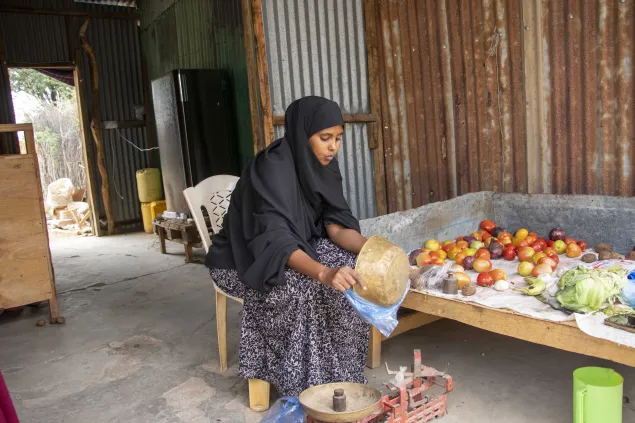 Photo of Shamha, a beneficiary, seated and sorting her stock of vegetables.