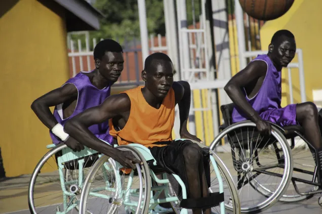 Participants at an ICRC-supported rehabilitation centre in Juba take part in wheelchair basketball