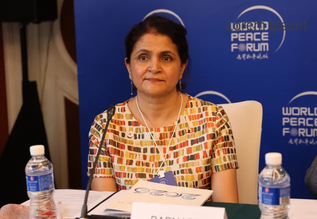 Fiona Barnaby, Head of Humanitarian Affairs and Policy at the ICRC Regional Delegation for East Asia, chairs the panel on unmanned systems during the World Peace Forum in Beijing on 3 July 2026.