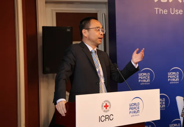 Sun Xuefeng, Dean of TUIIR, delivers opening remarks at the panel on unmanned systems during the World Peace Forum in Beijing on 3 July 2026.
