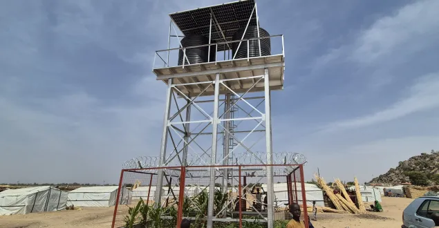 A new borehole installed by the ICRC, supported by the Nigerian Red Cross, in an IDP camp in Gwoza, northeast Nigeria