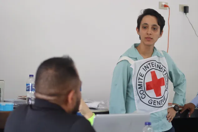 Una trabajadora del CICR está conversando con un médico durante una formación sobre salud mental