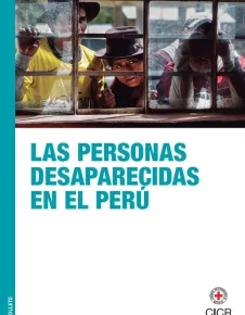 Folleto "Las personas desaparecidas en el Perú", muestra la fotografía de tres niños observando a través de una ventana.
