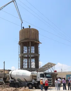 Syria, Qunitera governorate countryside, Ofania town, ICRC, and SARC Wathab teams during the ongoing construction works of the elevated water reservoir project.