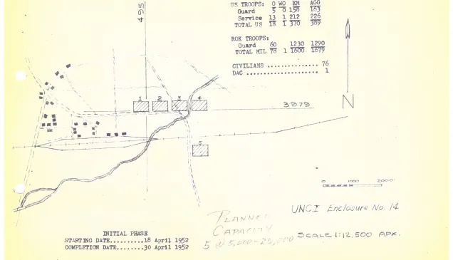 A map of a POW camp in Yongchon, 1952, indicating the number of civilian internees, total military troops (both ROK and UN), and civilians