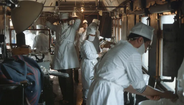 Medical team is pictured preparing for surgery in the surgical block of a hospital train in Aghdam.