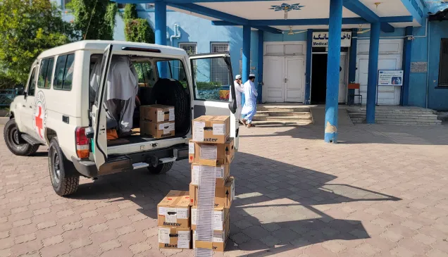 Emergency medical items, for victims of flash floods, donated to the Fatima Zahra Hospital in Nangarhar province