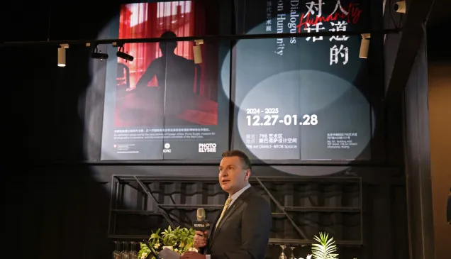 Boris Kelecevic, Deputy Head of the ICRC Regional Delegation, delivers opening remarks at Dialogues On Humanity exhibition, in Beijing, China.