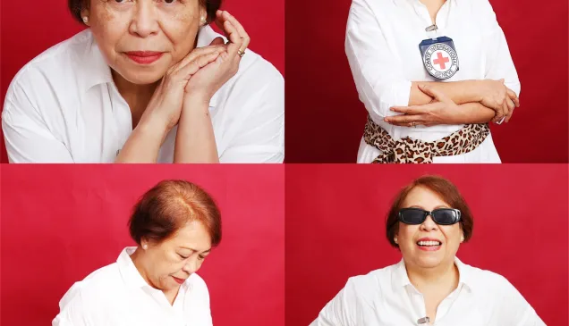 Mariegen Balo in a white shirt poses in four different ways against a red background, wearing an ICRC identification badge. ICRC Mariegen Balo in a white shirt poses in four different ways against a red background, wearing an ICRC identification badge.