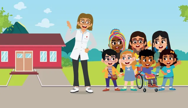 Una ilustración de una escuela, con una profesora y niñas y niños al lado de la escuela.
