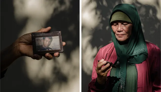 Gloria Berden holding her missing son's wallet