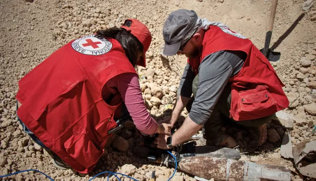 Note: The items in this picture were assessed as safe to be moved by ICRC staff who are qualified and experienced specialists conducting explosive ordnance disposal under strict safety rules. The ICRC strongly discourages all persons not qualified in explosive ordnance disposal from attempting any form of touching, moving or removing (demining) of explosive ordnance themselves.