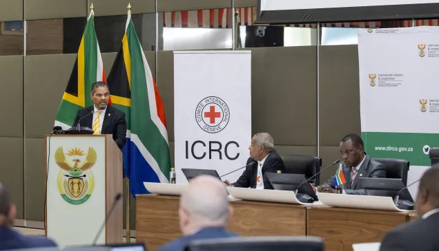 Alvin Botes speaking at the Global High-Level Initiative event on IHL in Pretoria