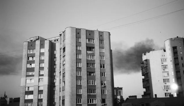 Smoke in Kyiv after a night of strikes.