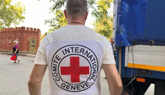 An ICRC staff member wearing a white vest with the red cross emblem and “Comité International Genève” printed on the back stands beside a blue truck on a street.