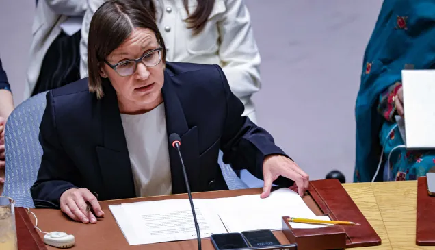 ICRC President Mirjana Spoljaric addresses the UN Security Council during an open debate on the Protection of Civilians in Armed Conflict, New York, 20 May 2026.