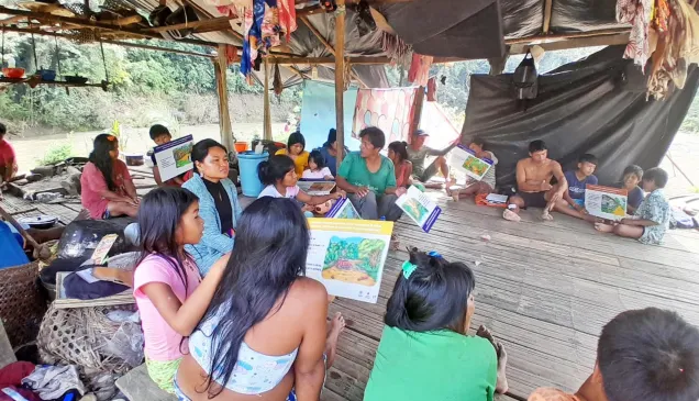 Comunidad indígena en una zona rural de Colombia participa en un taller sobre comportamientos seguros frente a riesgos de artefactos explosivos. Varias personas están sentadas en un salón comunitario, escuchando atentamente una capacitación.