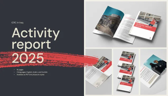 Mockups of the 'Activity Report, Iraq 2025,' showing a professional design with the title prominently displayed on the cover.