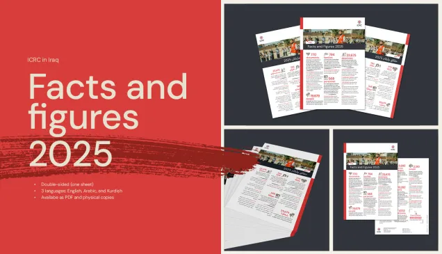 Mockups of the 'Facts and Figures, Iraq 2025,' showing a professional design with the title prominently displayed on the cover.