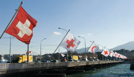 Flags fly at the Mont-Blanc bridge in Geneva, marking the 30th International Conference of the Red Cross and Red Crescent.