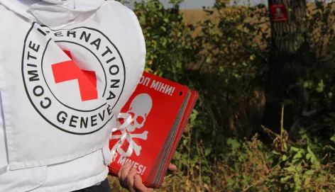 Near Berezovoye check point. An ICRC delegate is installing « Danger Mines » signs
