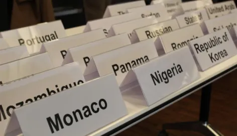 Plaquette of name of states participating in the first phase of state consultations for the Global Initiative for IHL.