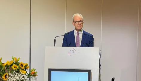 ICRC Vice President Giles Carbonnier stands behind podium delivering statement 