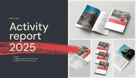 Mockups of the 'Activity Report, Iraq 2025,' showing a professional design with the title prominently displayed on the cover.