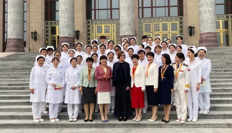 Mirjana Spoljaric, ICRC President, in front of the Great Hall of the People with the Chinese nurses who were awarded 2023 Florence Nightingale Medals. 5 September 2024.
