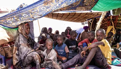 Gamra Adam Souleymane, a Sudanese mother of 10 who fled Zamzam camp in Darfur, is sitting under improvised cover in the town of Tiné in Eastern Chad. 