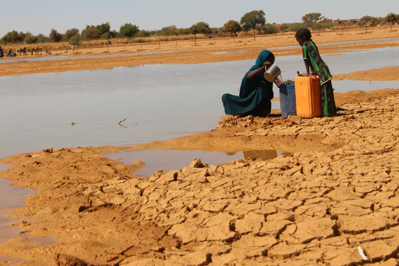 En janvier, la mare est presque tarie. Deux petites filles essaient de trouver un peu d'eau dans la mare presque tarie.