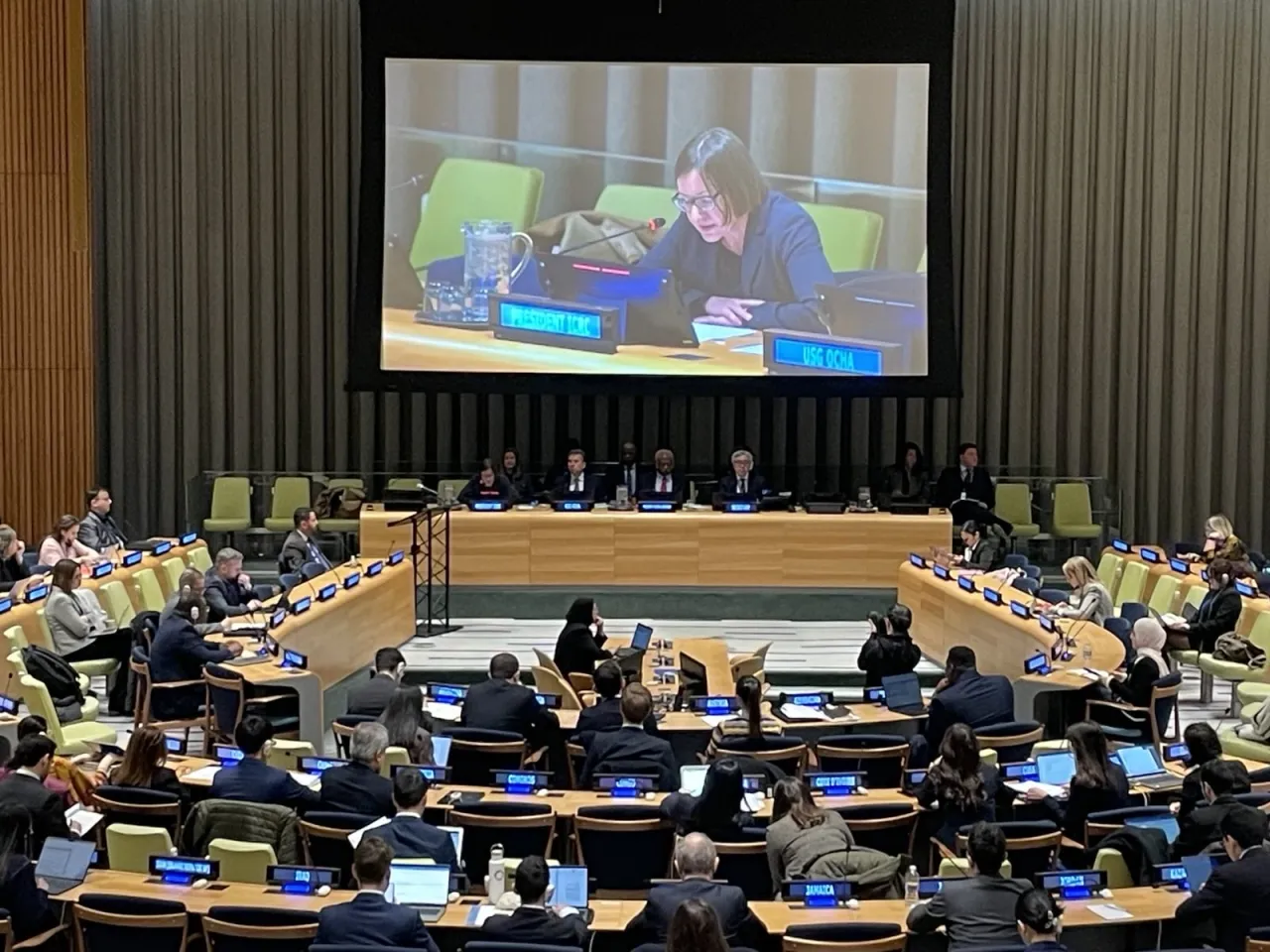 ICRC President Mirjana Spoljaric seen on big screen delivering speech at UNGA