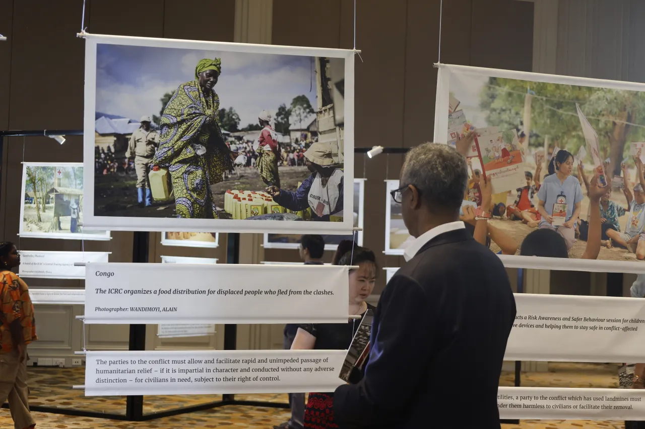 The ICRC in Myanmar held a photo exhibition in Yangon to commemorate the 75th anniversary of the Geneva Conventions.