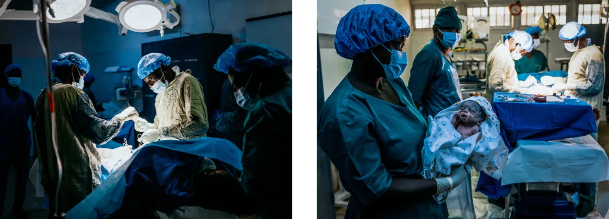 The surgical team at Kaga-Bandoro Hospital perform a caesarean section on Nadege Benezon, delivering a little boy.