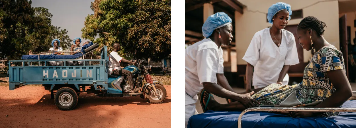 Nurses at the Doukouma health centre use a motorcycle ambulance to transport Bakote Kitiesa, illustrating how they move expectant mothers with complications from remote areas to seek healthcare at hospitals. Doukouma, Central African Republic, 9th December 2024.