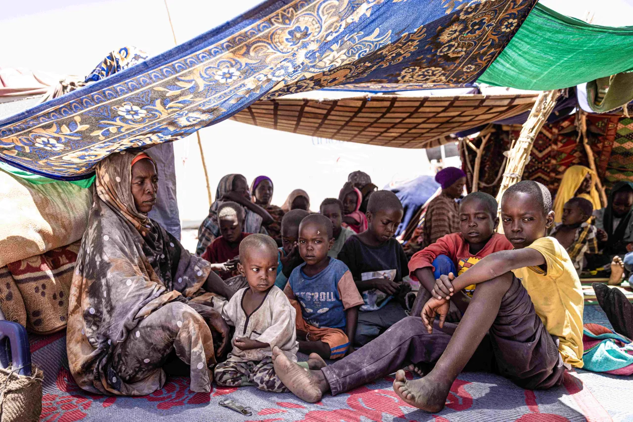 Gamra Adam Souleymane, a Sudanese mother of 10 who fled Zamzam camp in Darfur, is sitting under improvised cover in the town of Tiné in Eastern Chad. Gamra Adam Souleymane, a Sudanese mother of 10 who fled Zamzam camp in Darfur, is sitting under improvised cover in the town of Tiné in Eastern Chad.