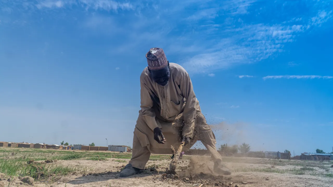 Nigeria Maidguri - DSC01663 Churi Ibrahim, a 70-year-old farmer, works the dry, dusty soil with a hoe under a bright blue sky in a rural area, with modest shelters visible in the background — a scene reflecting resilience in the face of harsh living conditions.
