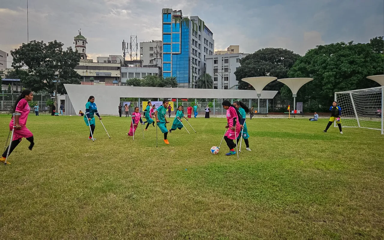 Players on the field for the Bangladesh Junior Amputee Football 2025 programme