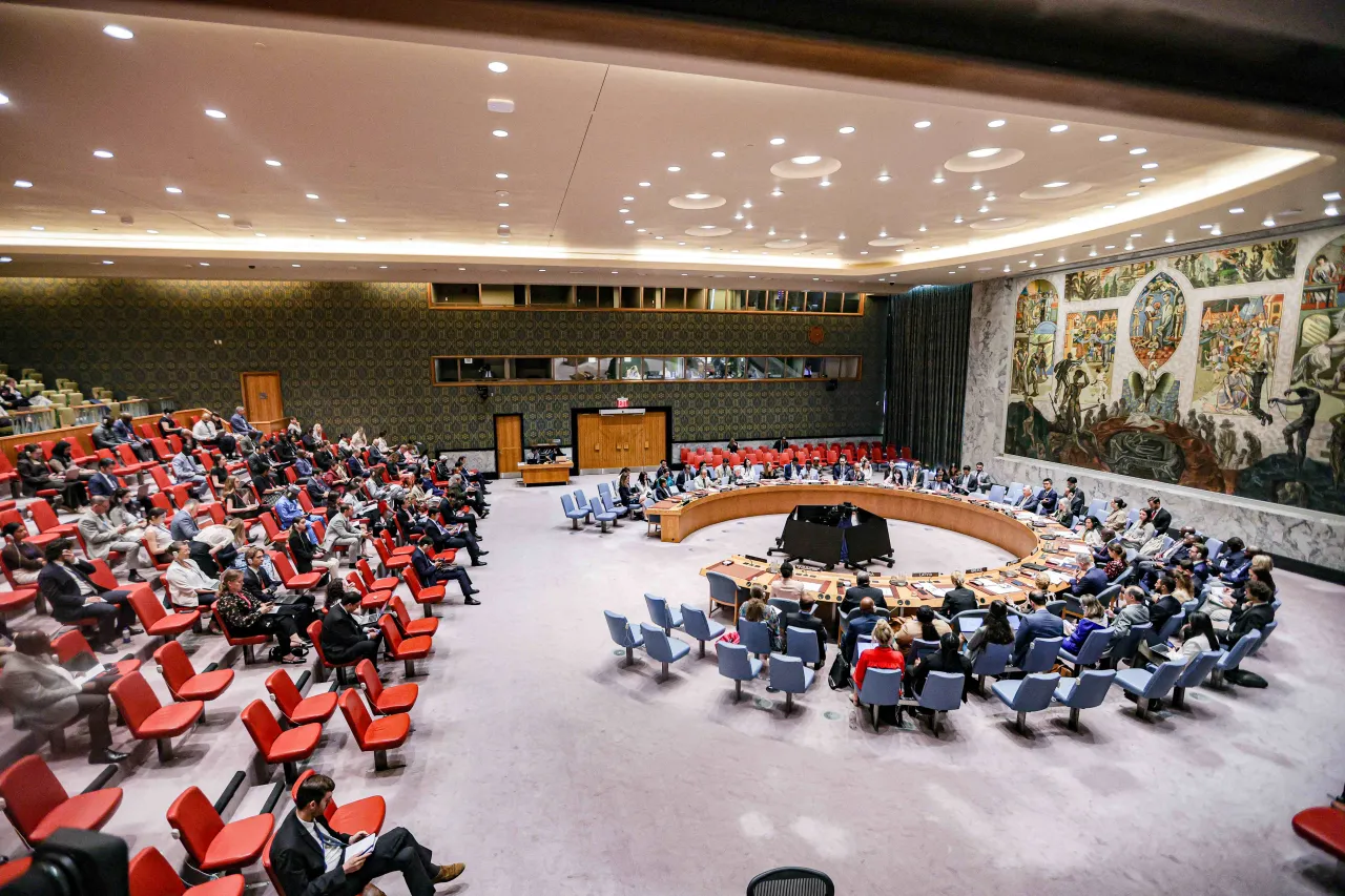 The UN Security Council Chamber in New York during an open debate on the Protection of Civilians in Armed Conflict, 20 May 2026.