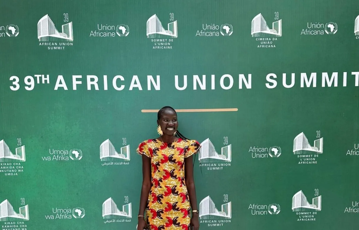 Nyamal at the African Union Summit in Addis Ababa, in February 2026, as part of her current legal advocacy work. 