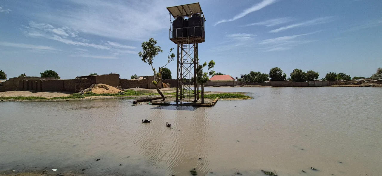 A potable water tank submerged by flood water