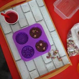 Food sitting on a red countertop